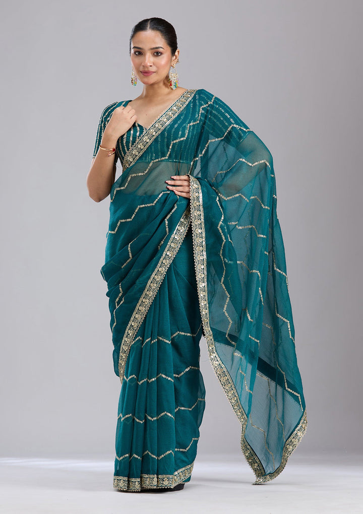 Peacock Blue Sequins Georgette Saree-koskii