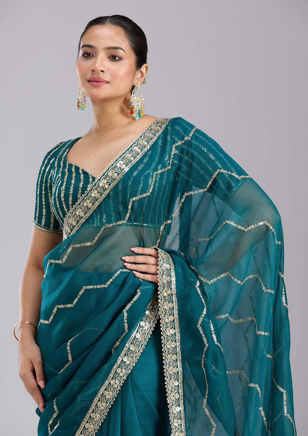 Peacock Blue Sequins Georgette Saree-koskii