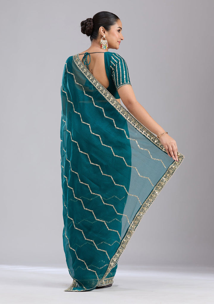 Peacock Blue Sequins Georgette Saree-koskii