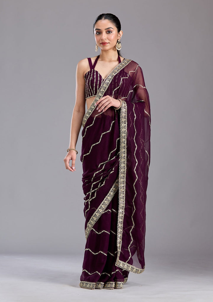 Wine Sequins Georgette Saree-koskii