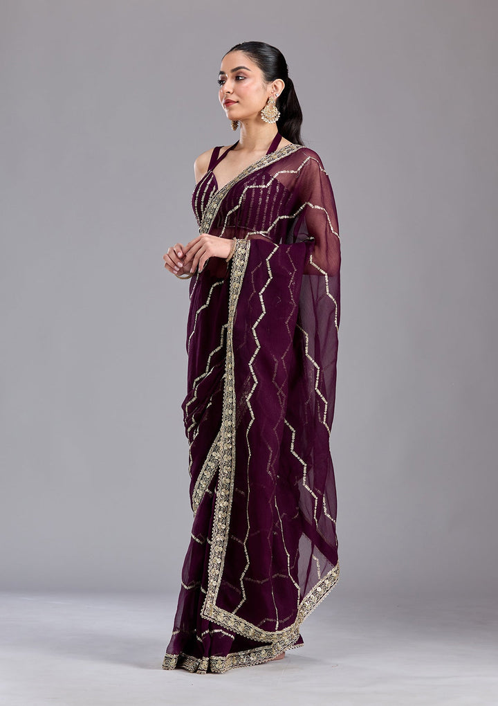 Wine Sequins Georgette Saree-koskii