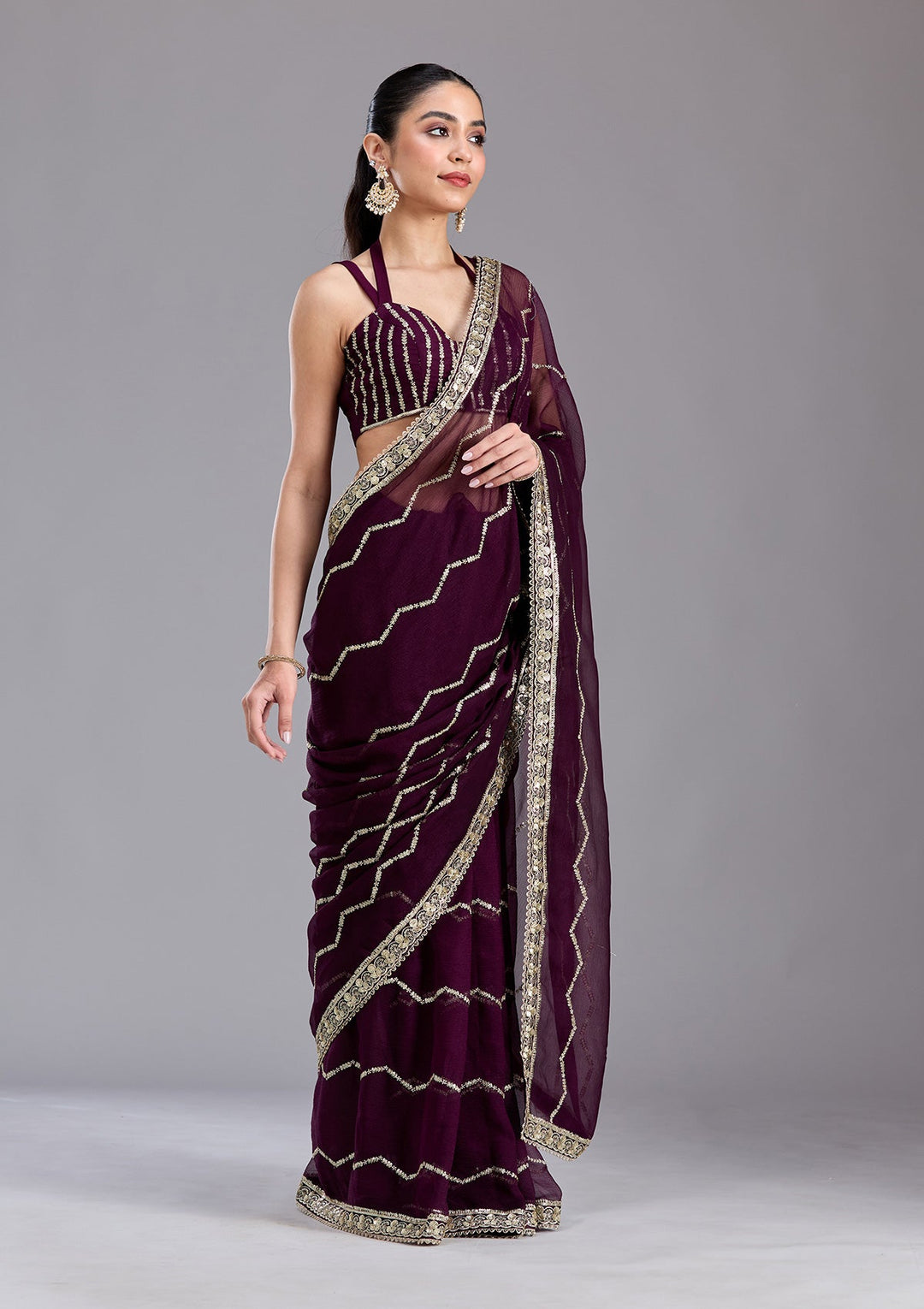 Wine Sequins Georgette Saree-koskii