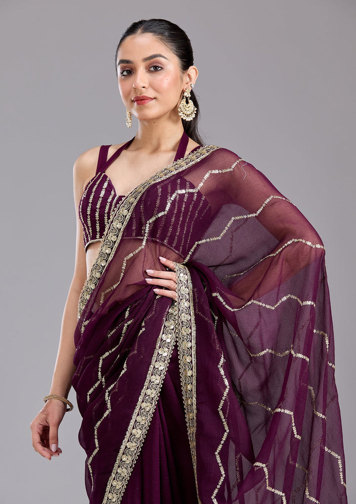 Wine Sequins Georgette Saree-koskii
