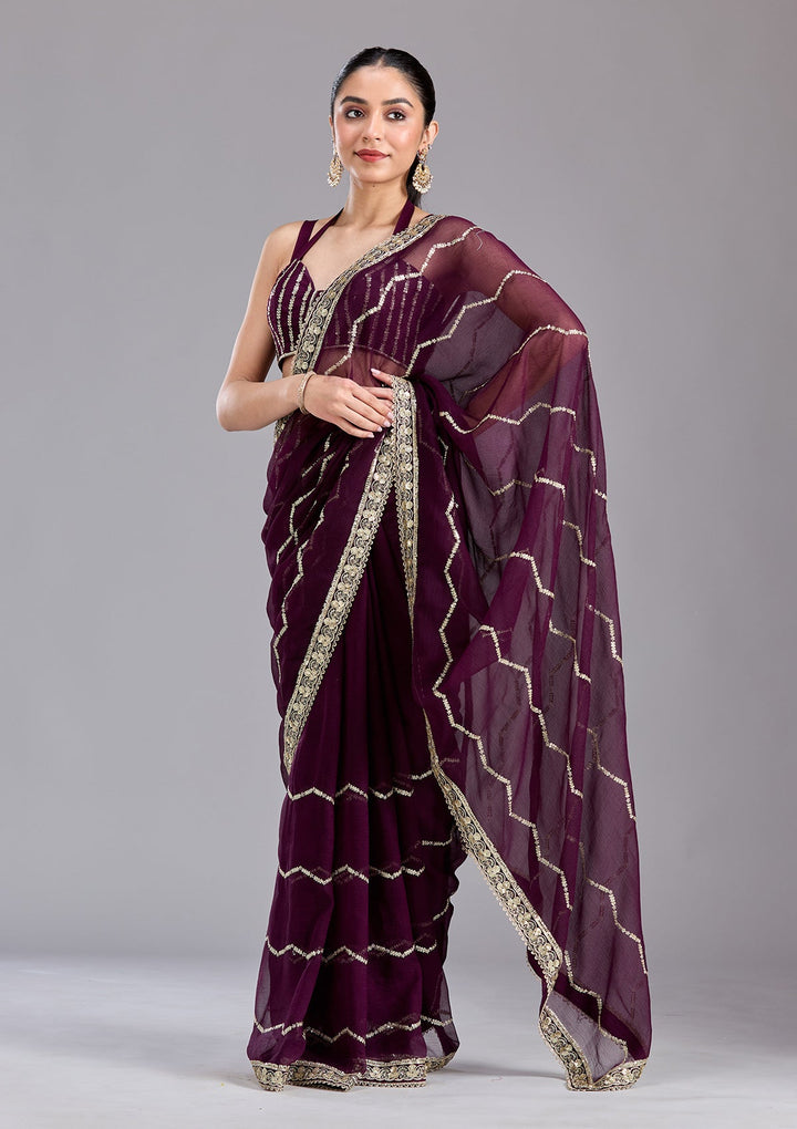 Wine Sequins Georgette Saree-koskii