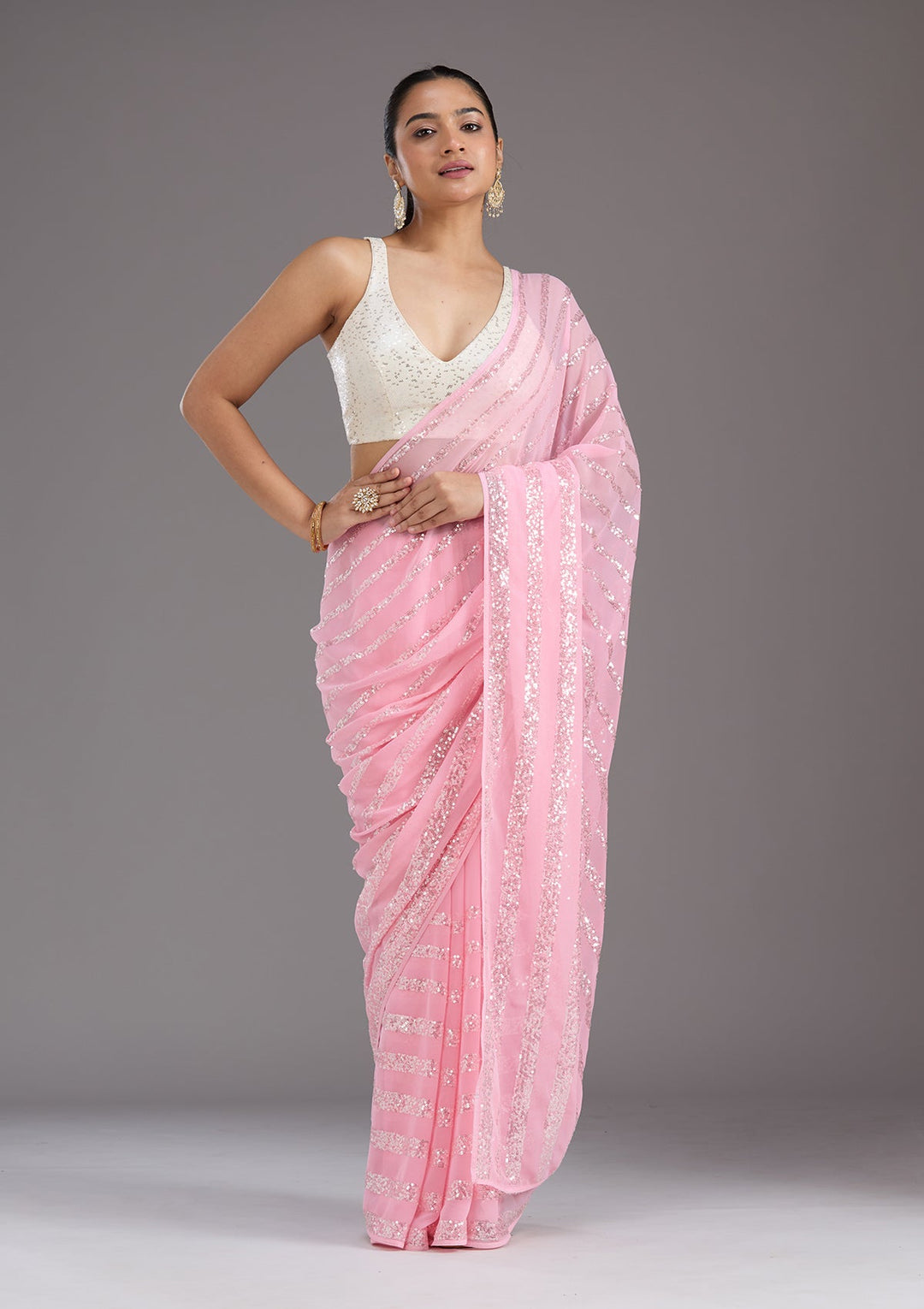 Baby Pink Sequins Georgette Saree_koskii