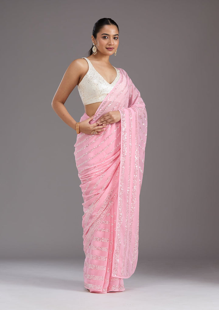 Baby Pink Sequins Georgette Saree_koskii