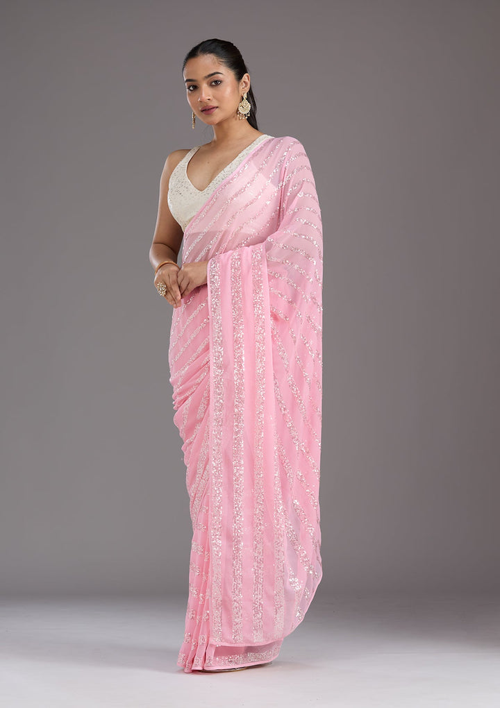 Baby Pink Sequins Georgette Saree_koskii