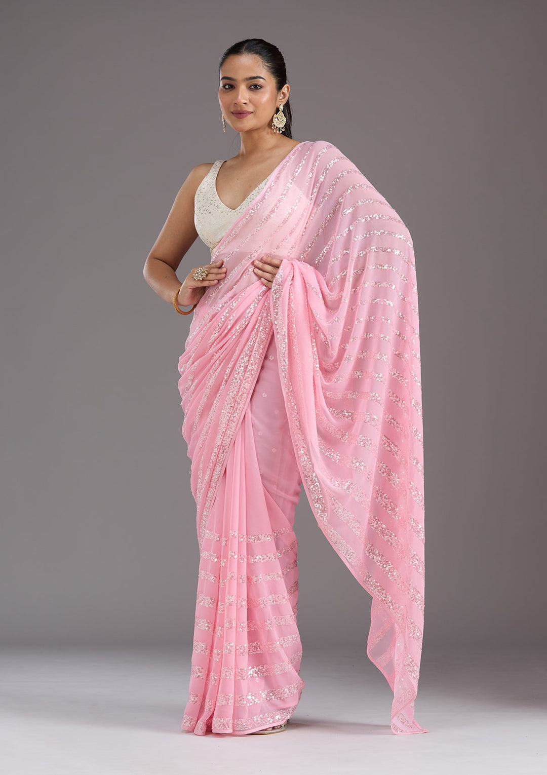 Baby Pink Sequins Georgette Saree_koskii