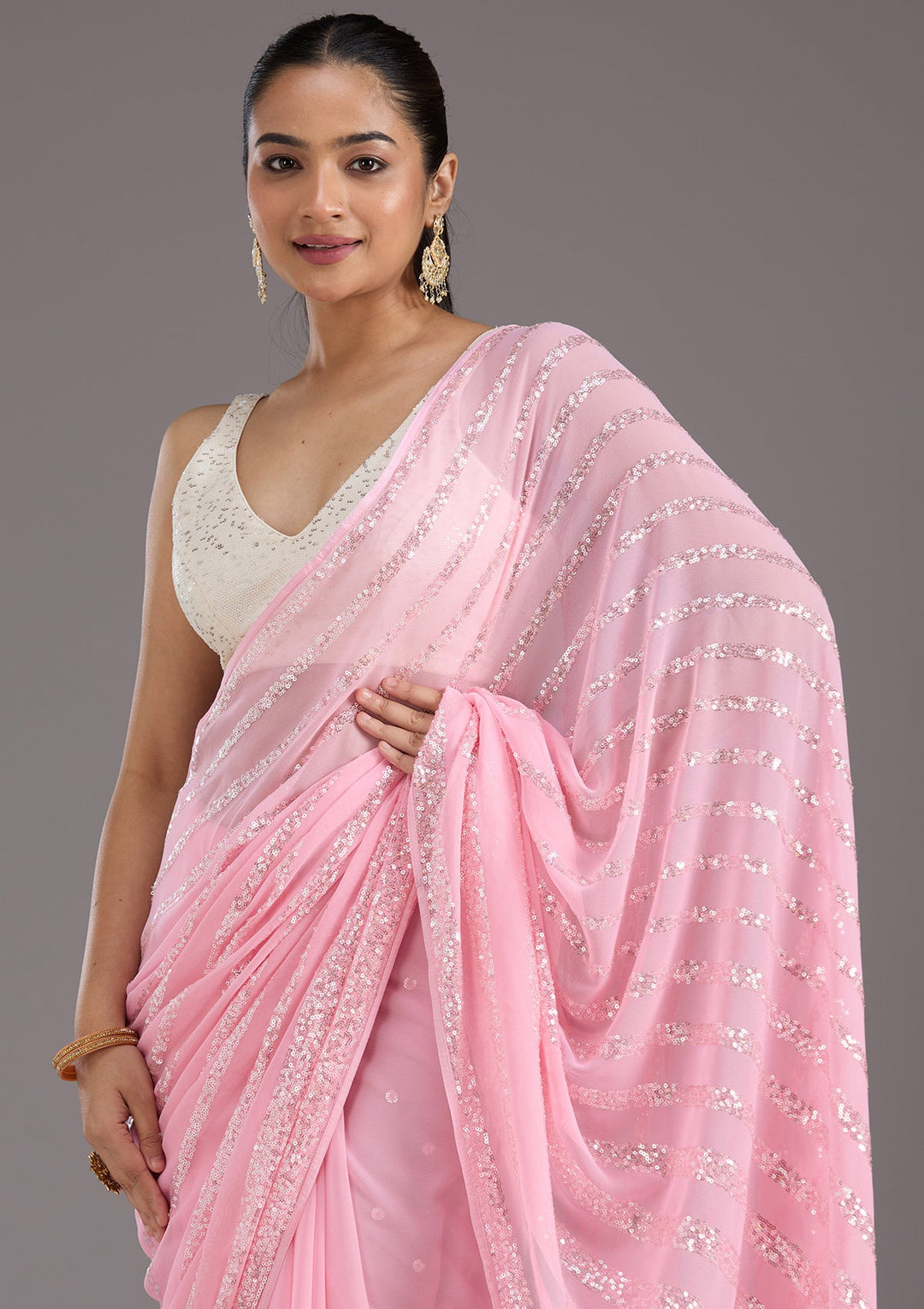 Baby Pink Sequins Georgette Saree_koskii