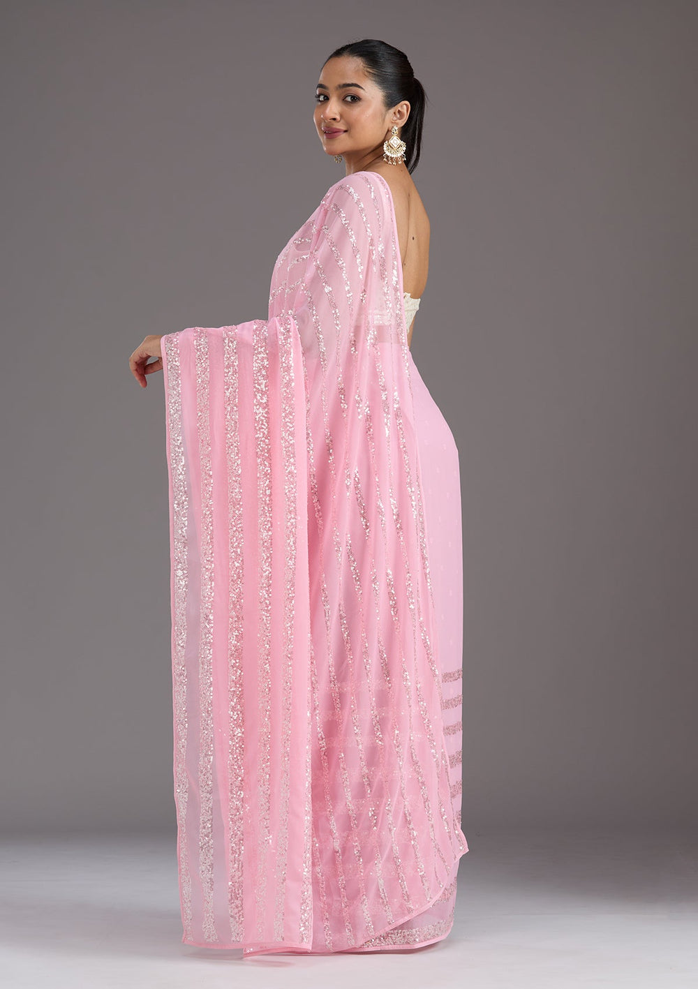 Baby Pink Sequins Georgette Saree_koskii