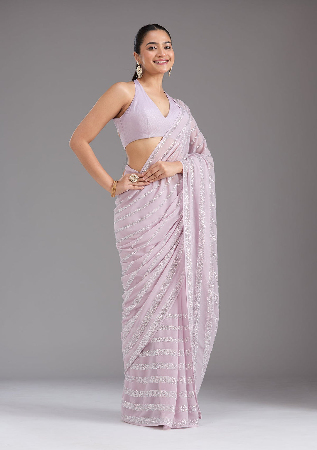Lavender Sequins Georgette Saree_koskii