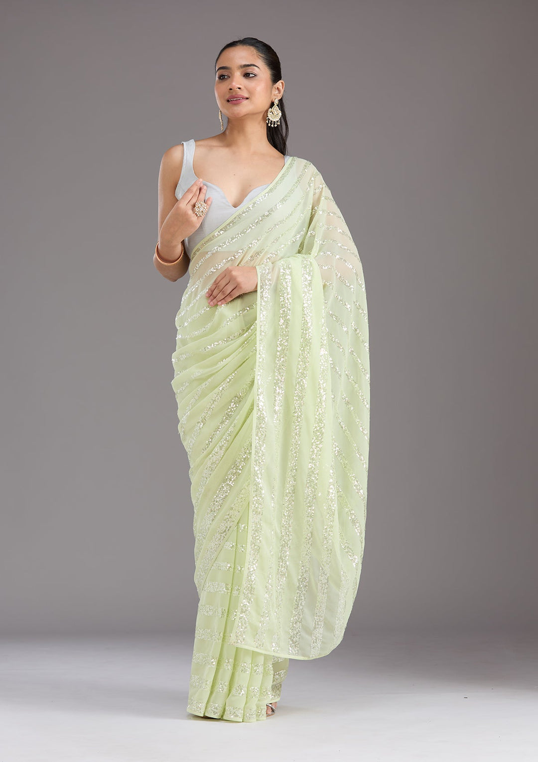 Pista Green Sequins Georgette Saree_koskii
