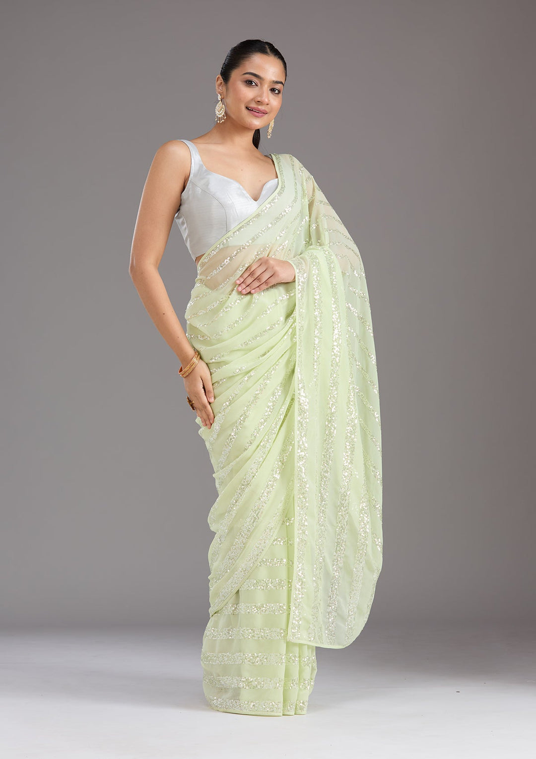 Pista Green Sequins Georgette Saree_koskii