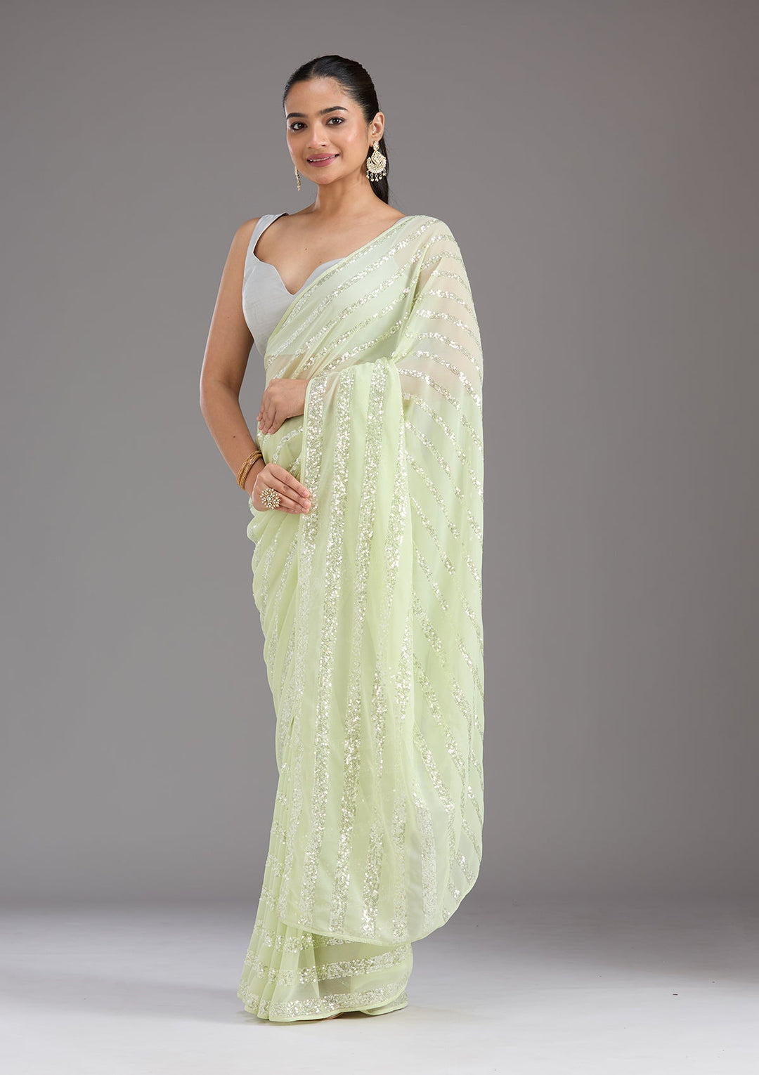 Pista Green Sequins Georgette Saree_koskii