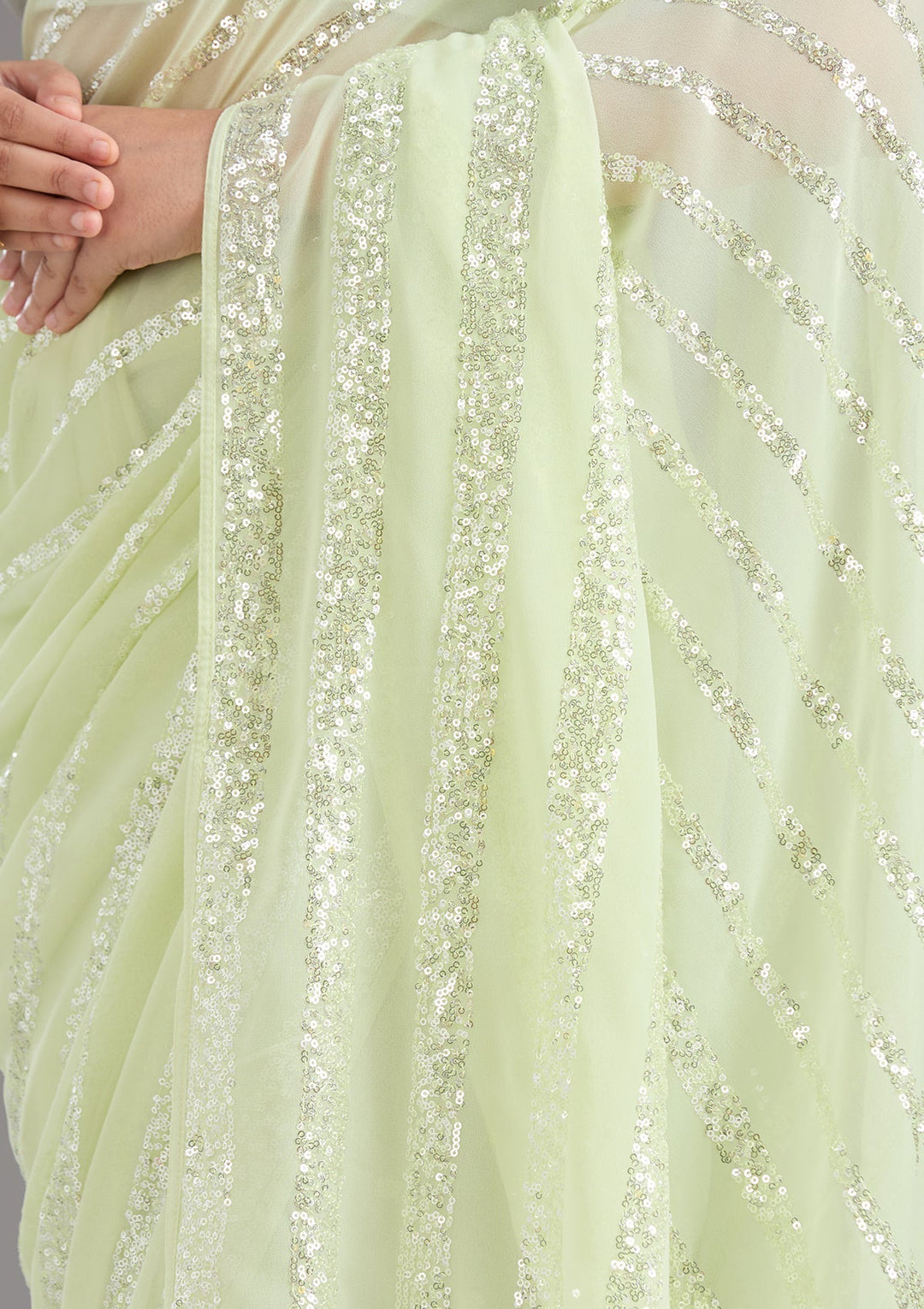 Pista Green Sequins Georgette Saree_koskii