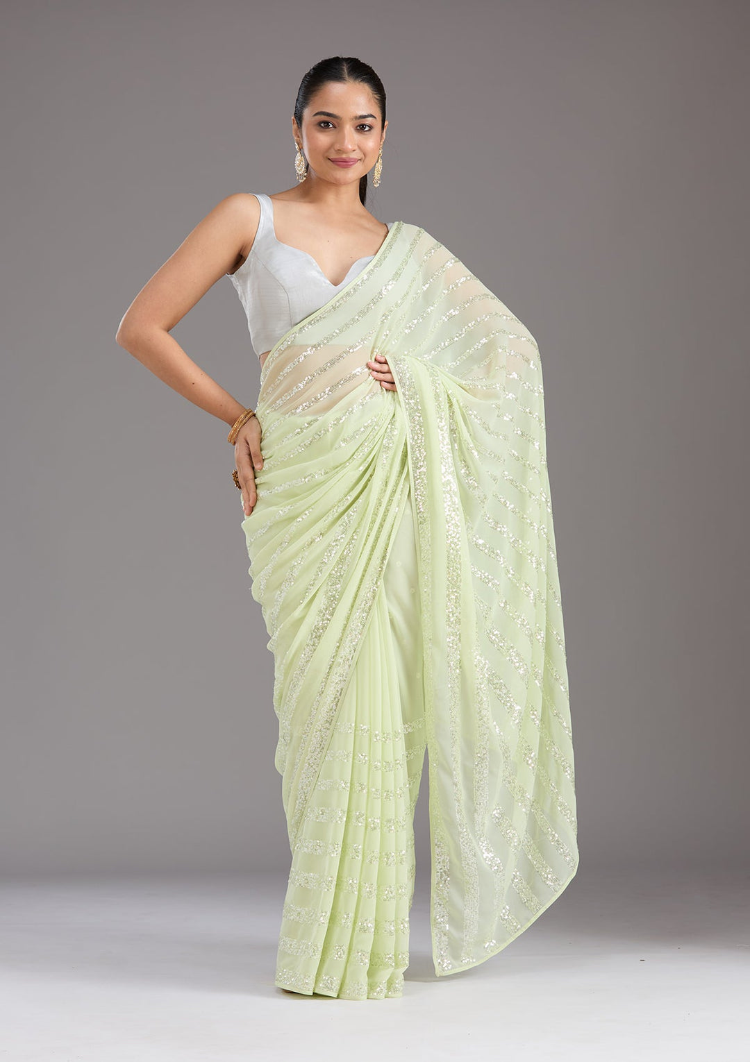 Pista Green Sequins Georgette Saree_koskii
