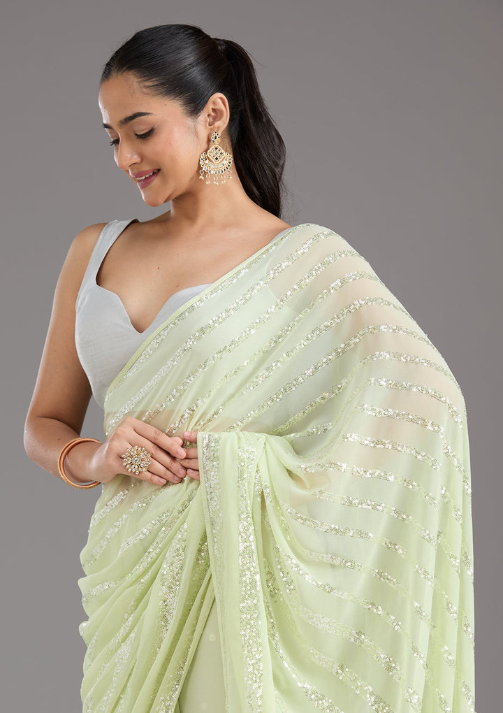 Pista Green Sequins Georgette Saree_koskii