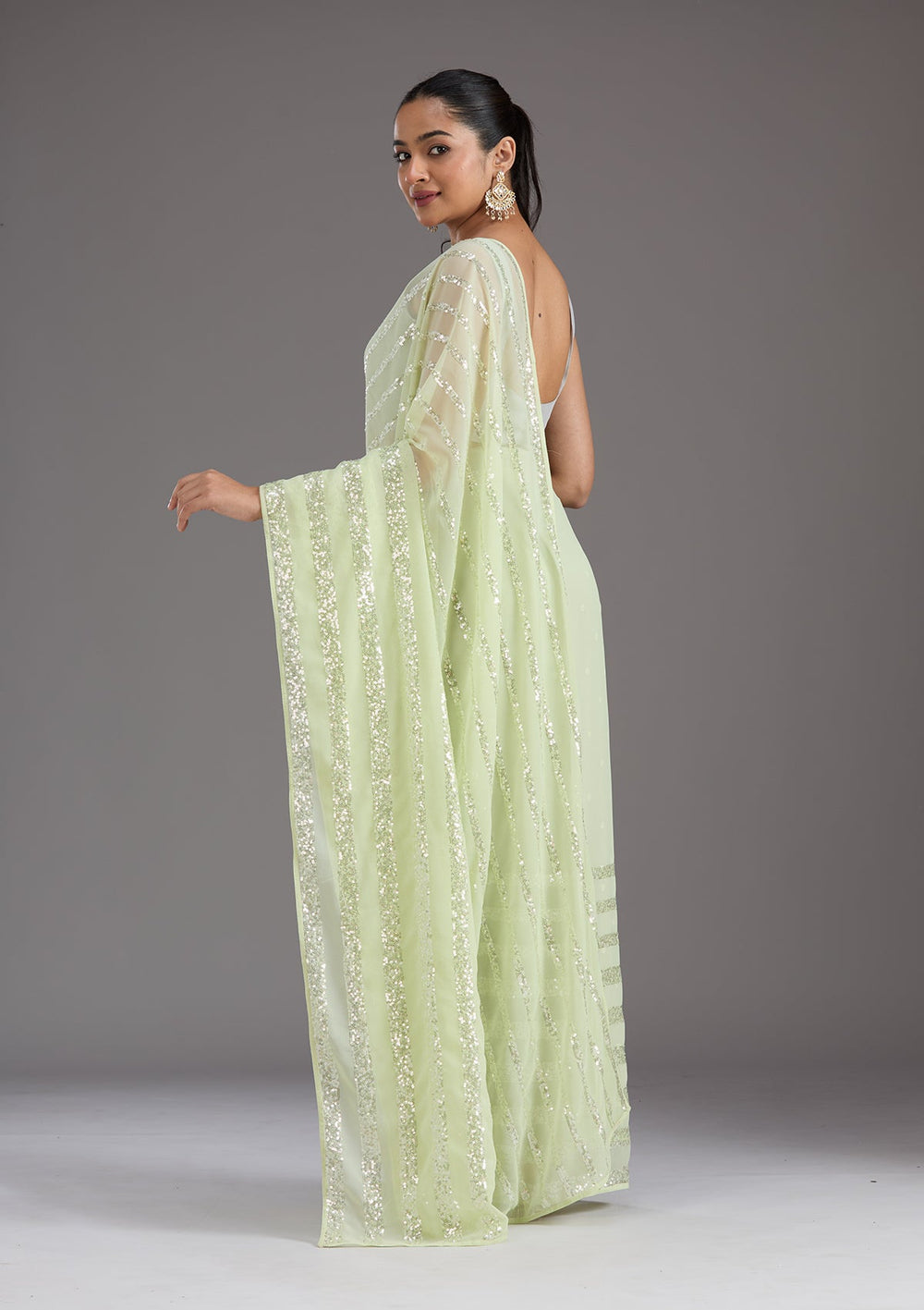 Pista Green Sequins Georgette Saree_koskii