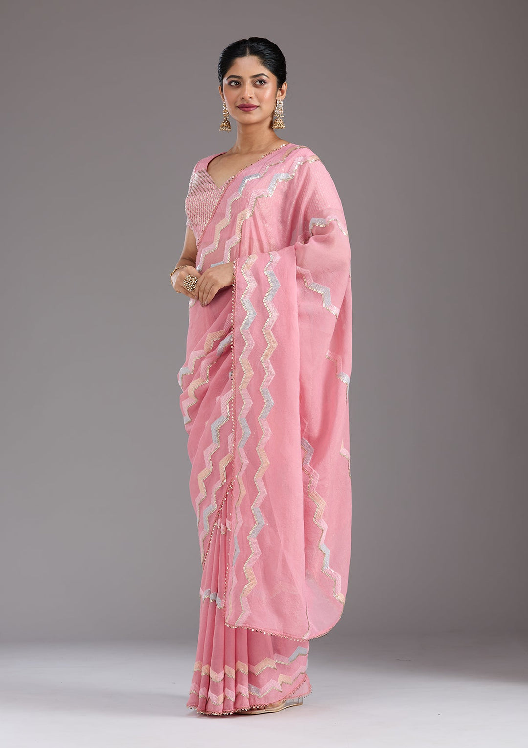 Baby Pink Sequins Semi Crepe Saree_koskii