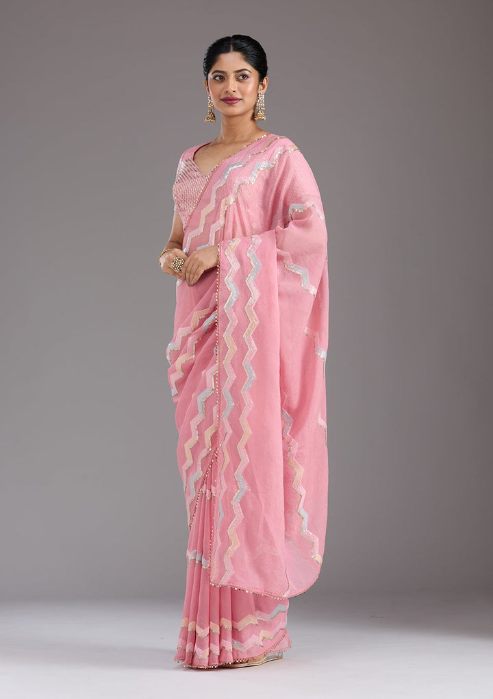 Baby Pink Sequins Semi Crepe Saree_koskii