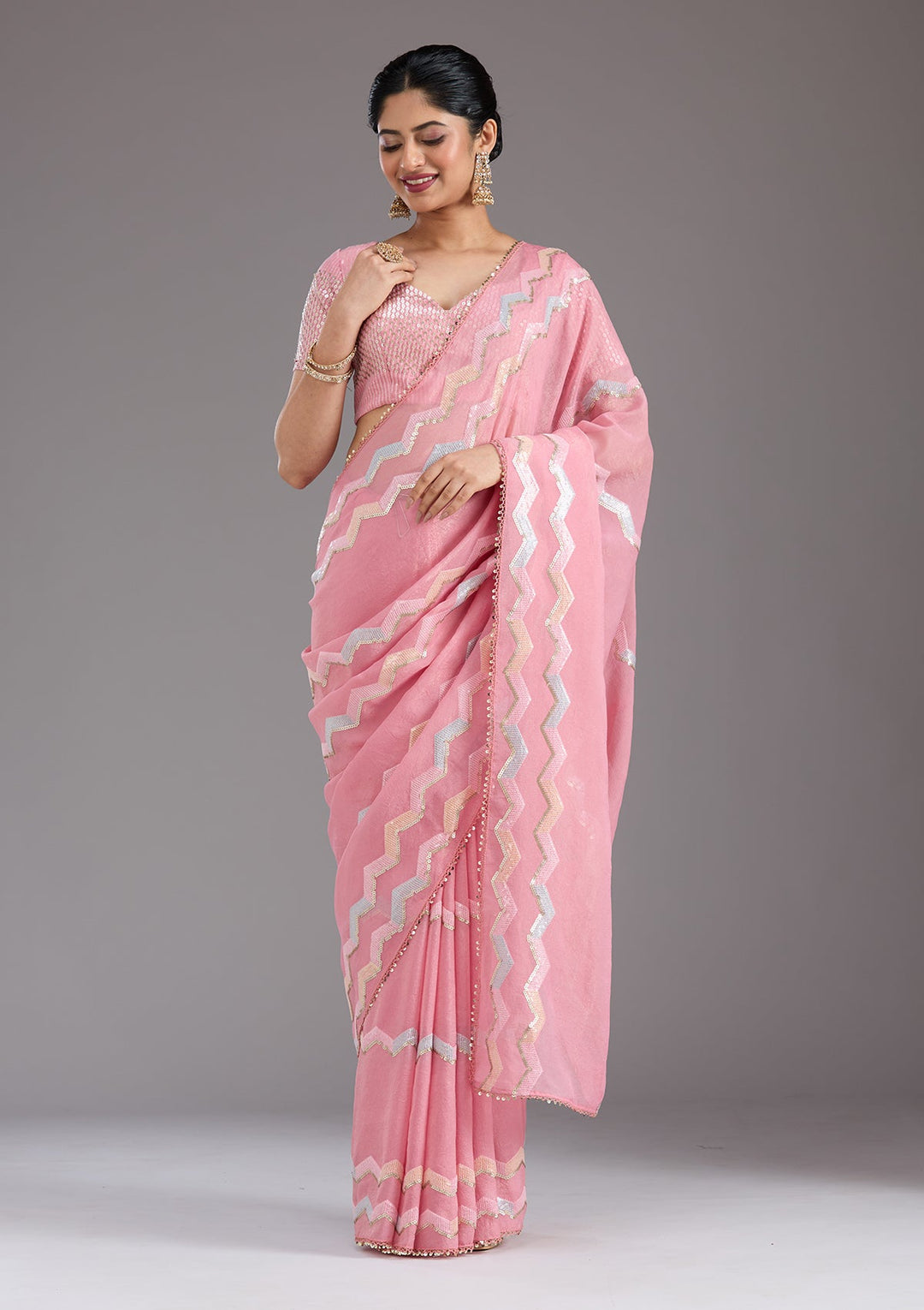Baby Pink Sequins Semi Crepe Saree_koskii