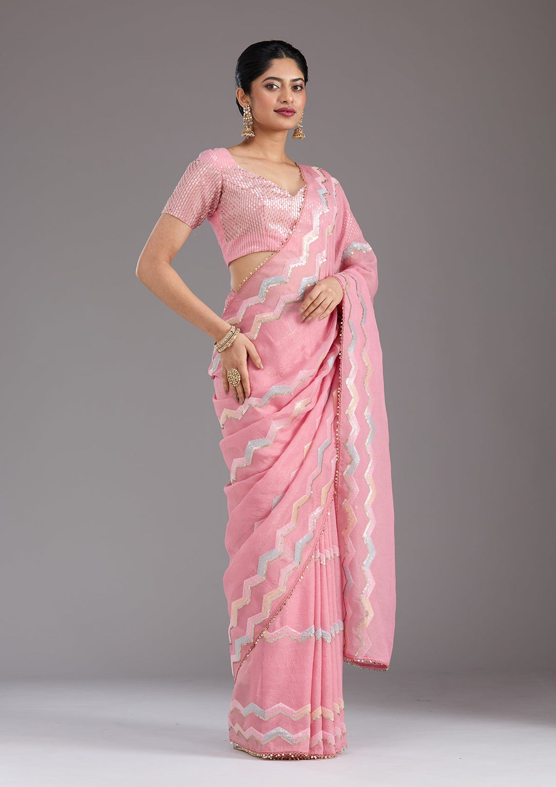 Baby Pink Sequins Semi Crepe Saree_koskii