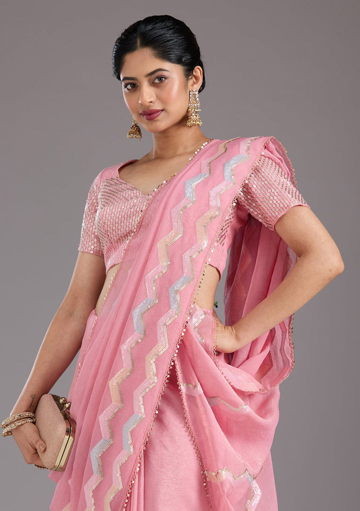Baby Pink Sequins Semi Crepe Saree_koskii
