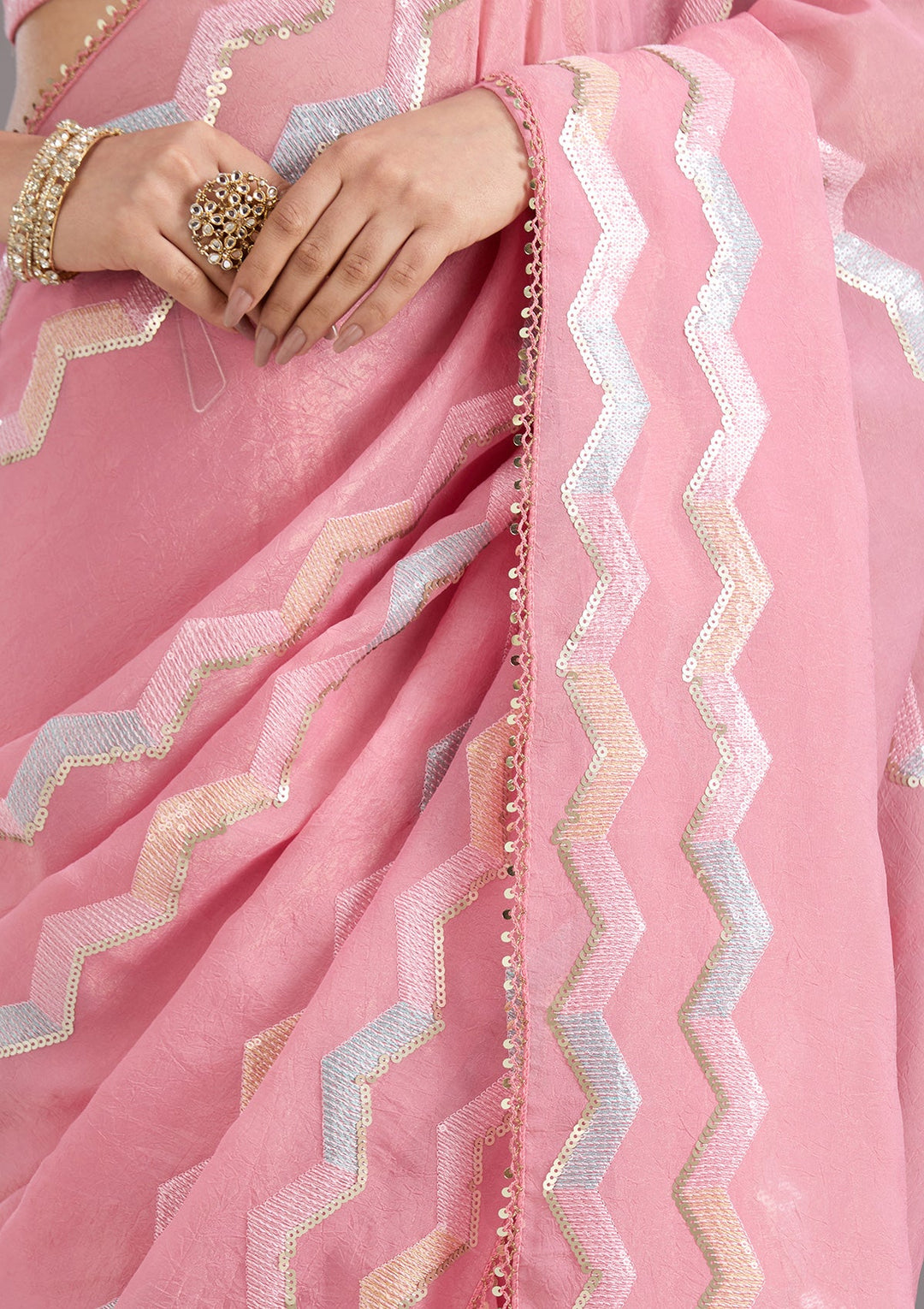 Baby Pink Sequins Semi Crepe Saree_koskii
