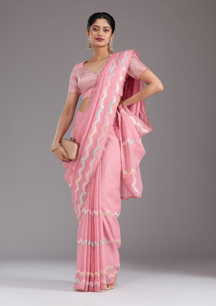 Baby Pink Sequins Semi Crepe Saree_koskii