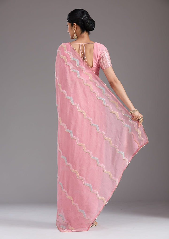 Baby Pink Sequins Semi Crepe Saree_koskii