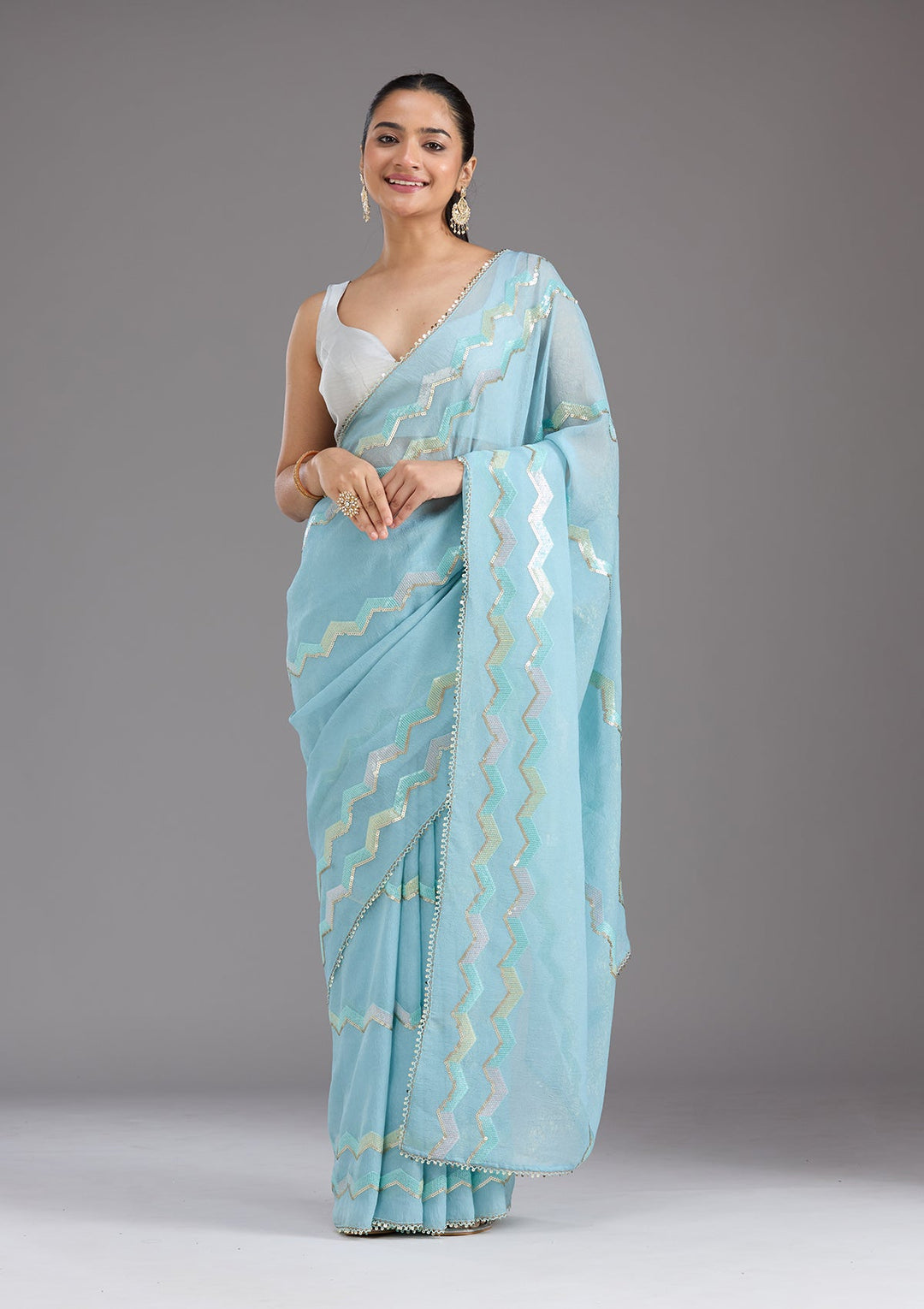 Sky Blue Sequins Semi Crepe Saree_koskii