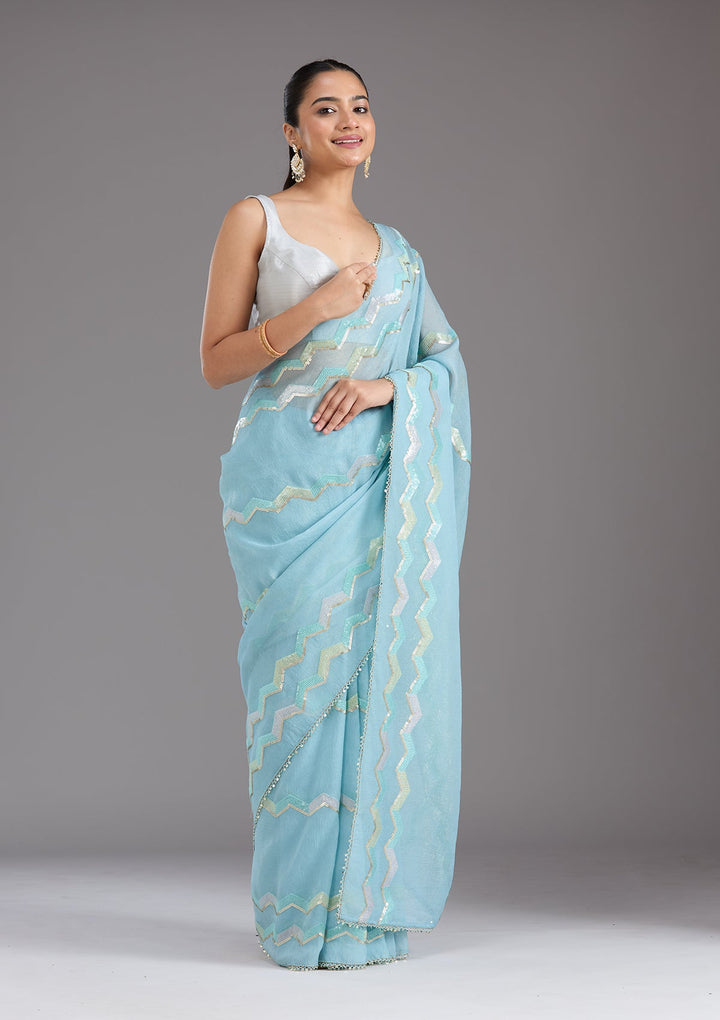 Sky Blue Sequins Semi Crepe Saree_koskii