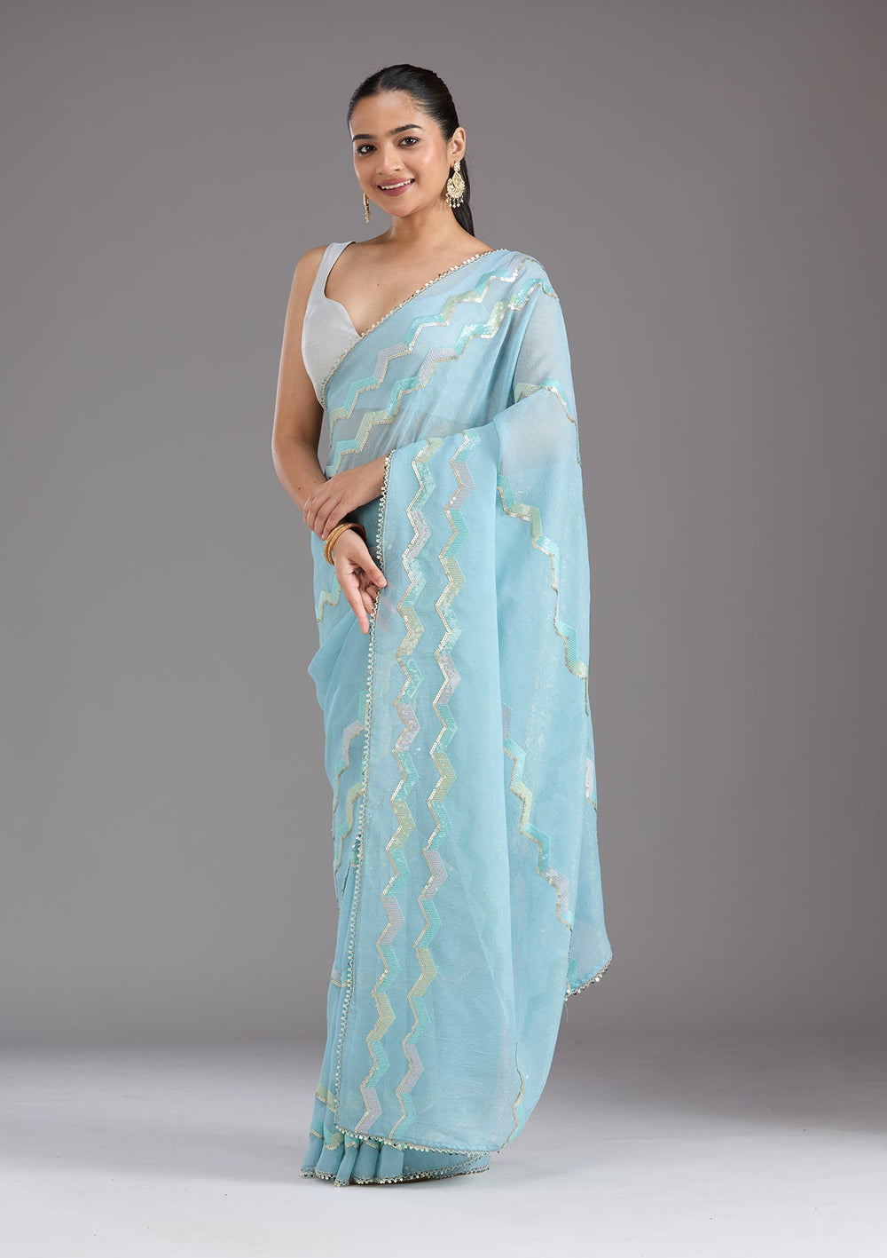 Sky Blue Sequins Semi Crepe Saree_koskii