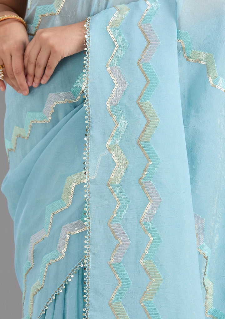 Sky Blue Sequins Semi Crepe Saree_koskii