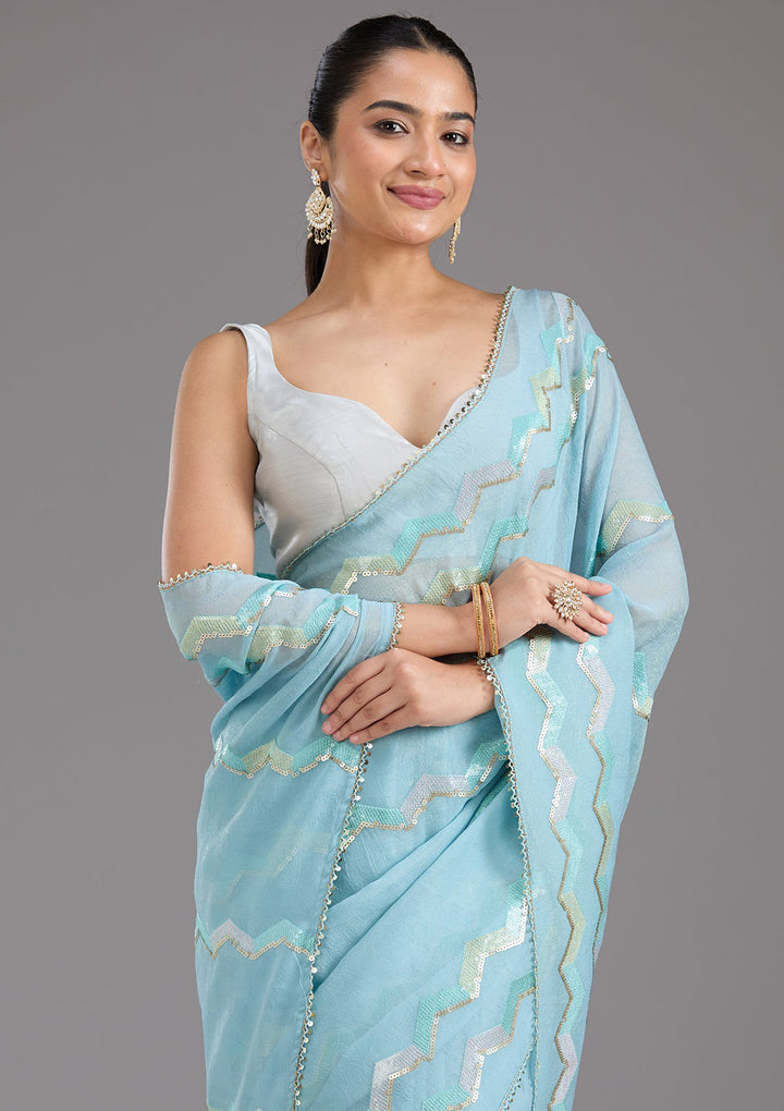 Sky Blue Sequins Semi Crepe Saree_koskii
