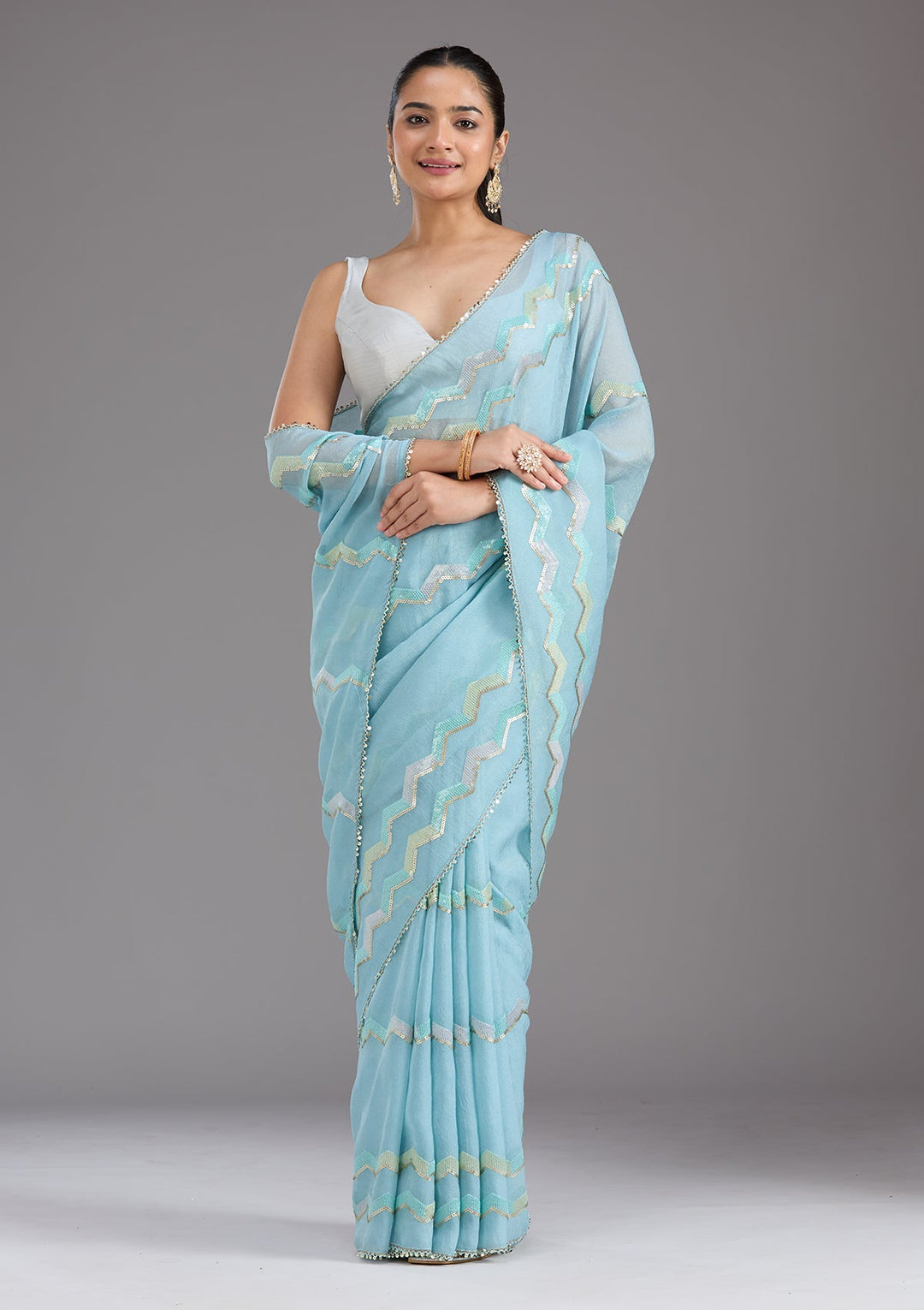 Sky Blue Sequins Semi Crepe Saree_koskii
