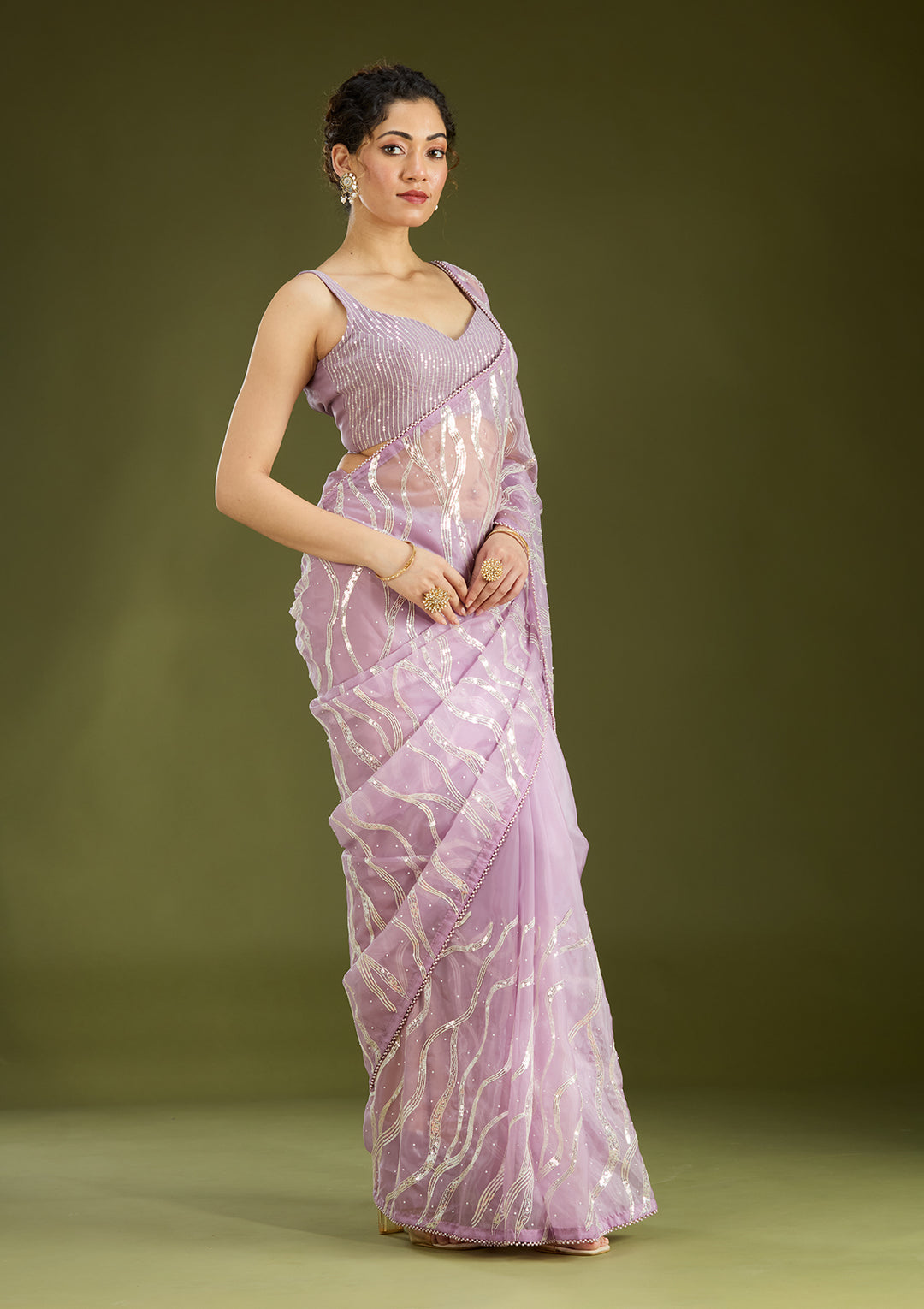 Lavender Pearlwork Organza Saree