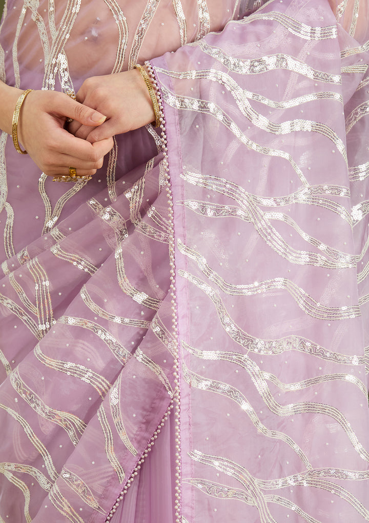 Lavender Pearlwork Organza Saree
