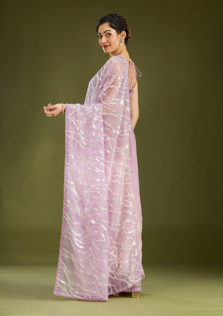 Lavender Pearlwork Organza Saree