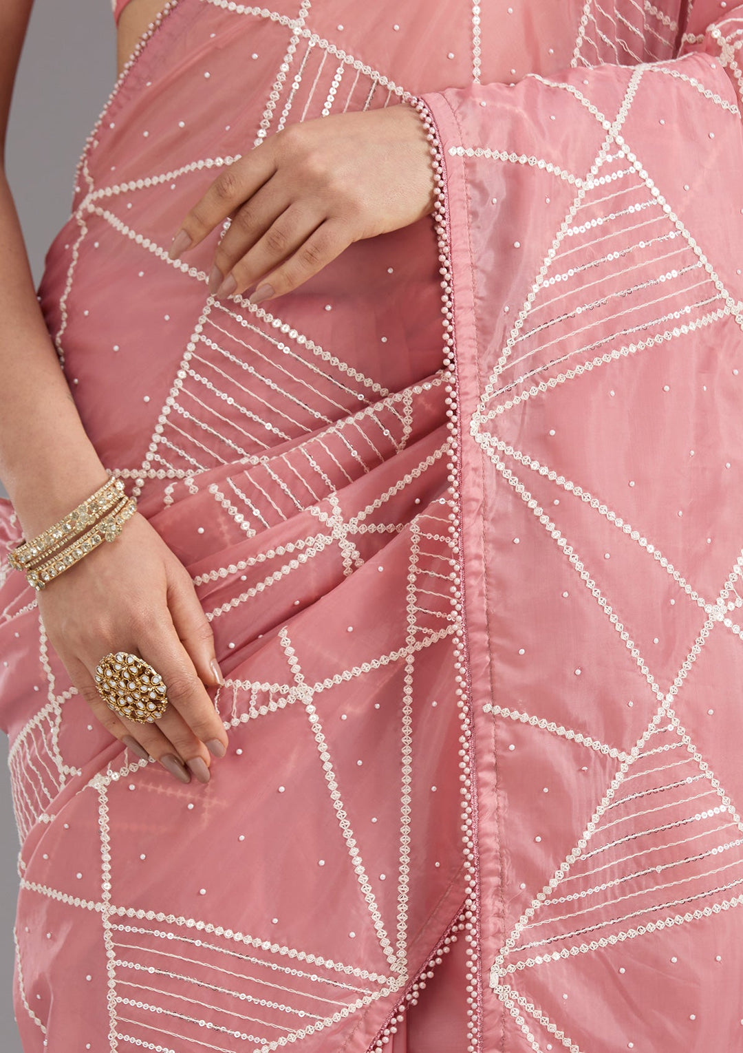 Gajari Pink Pearlwork Tissue Saree_koskii