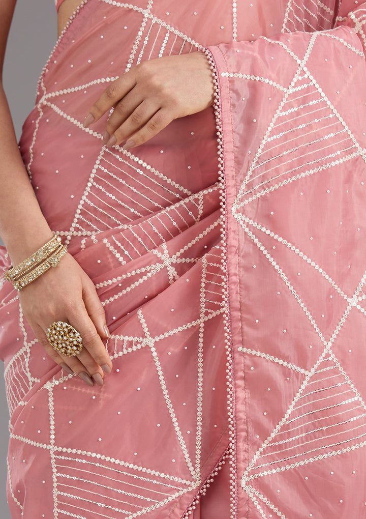 Gajari Pink Pearlwork Tissue Saree_koskii