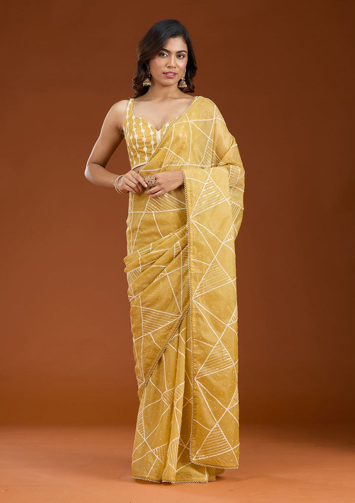 Yellow Pearlwork Tissue Saree_koskii