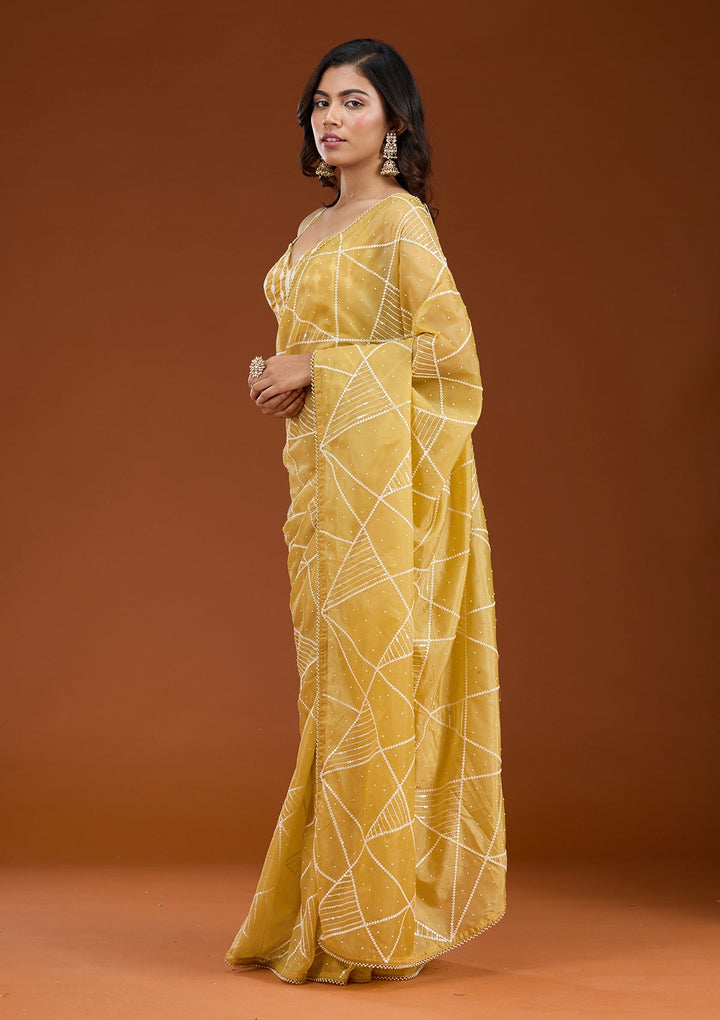 Yellow Pearlwork Tissue Saree_koskii