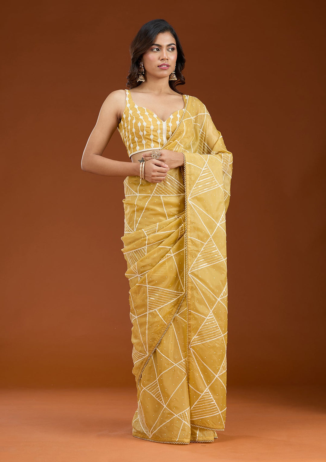 Yellow Pearlwork Tissue Saree_koskii