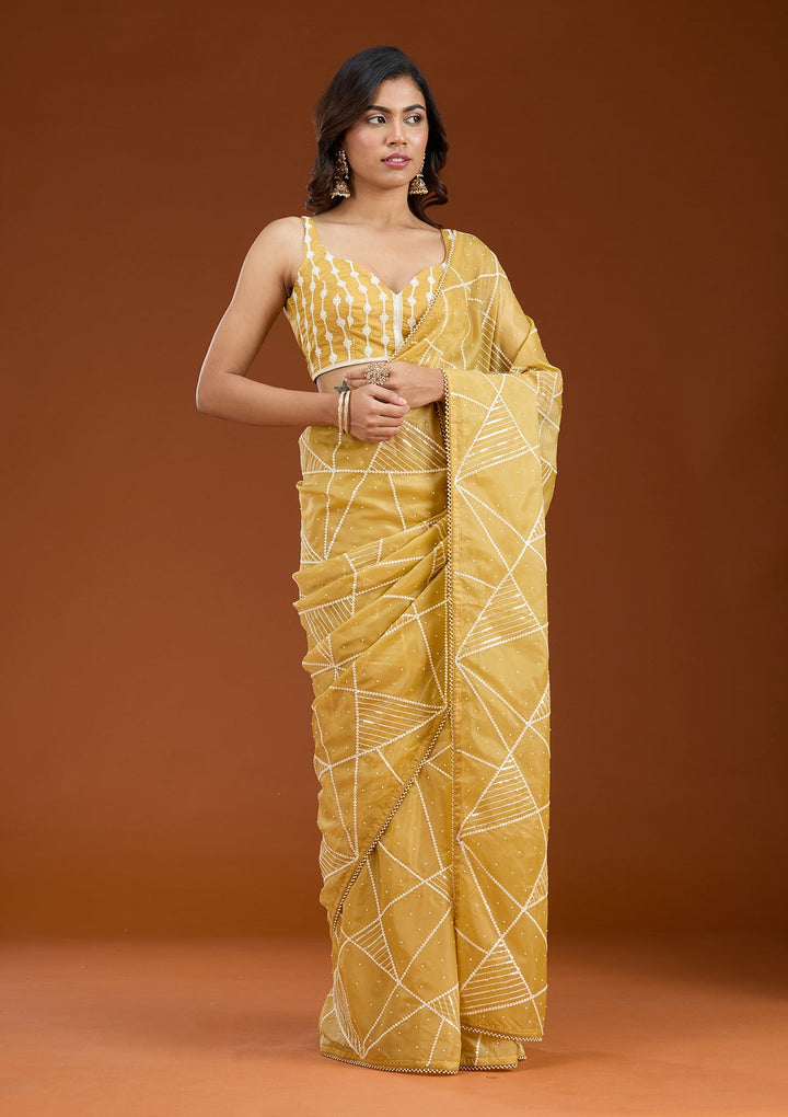 Yellow Pearlwork Tissue Saree_koskii