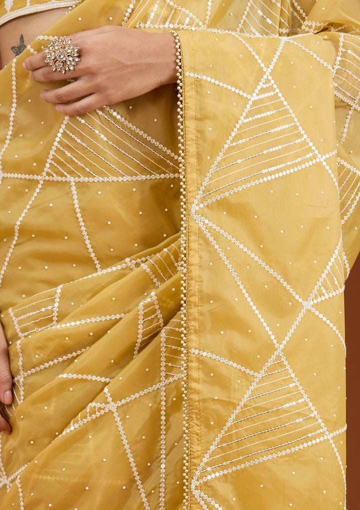 Yellow Pearlwork Tissue Saree_koskii