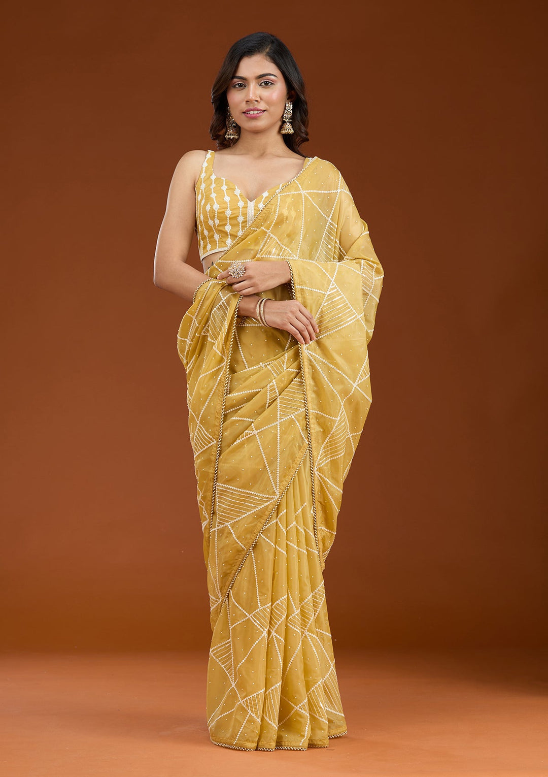 Yellow Pearlwork Tissue Saree_koskii