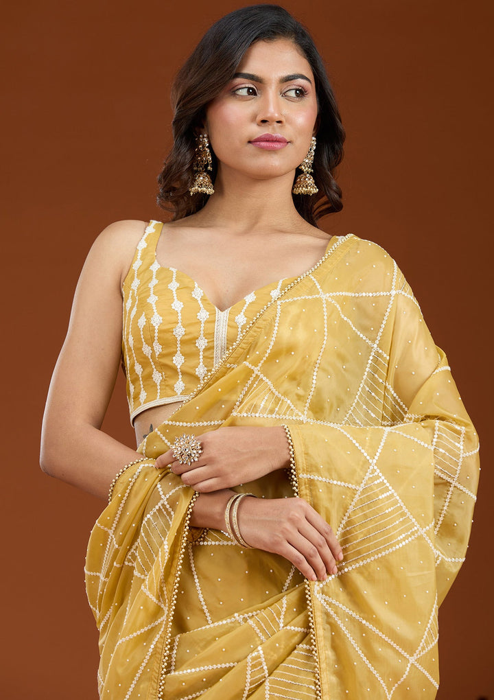 Yellow Pearlwork Tissue Saree_koskii