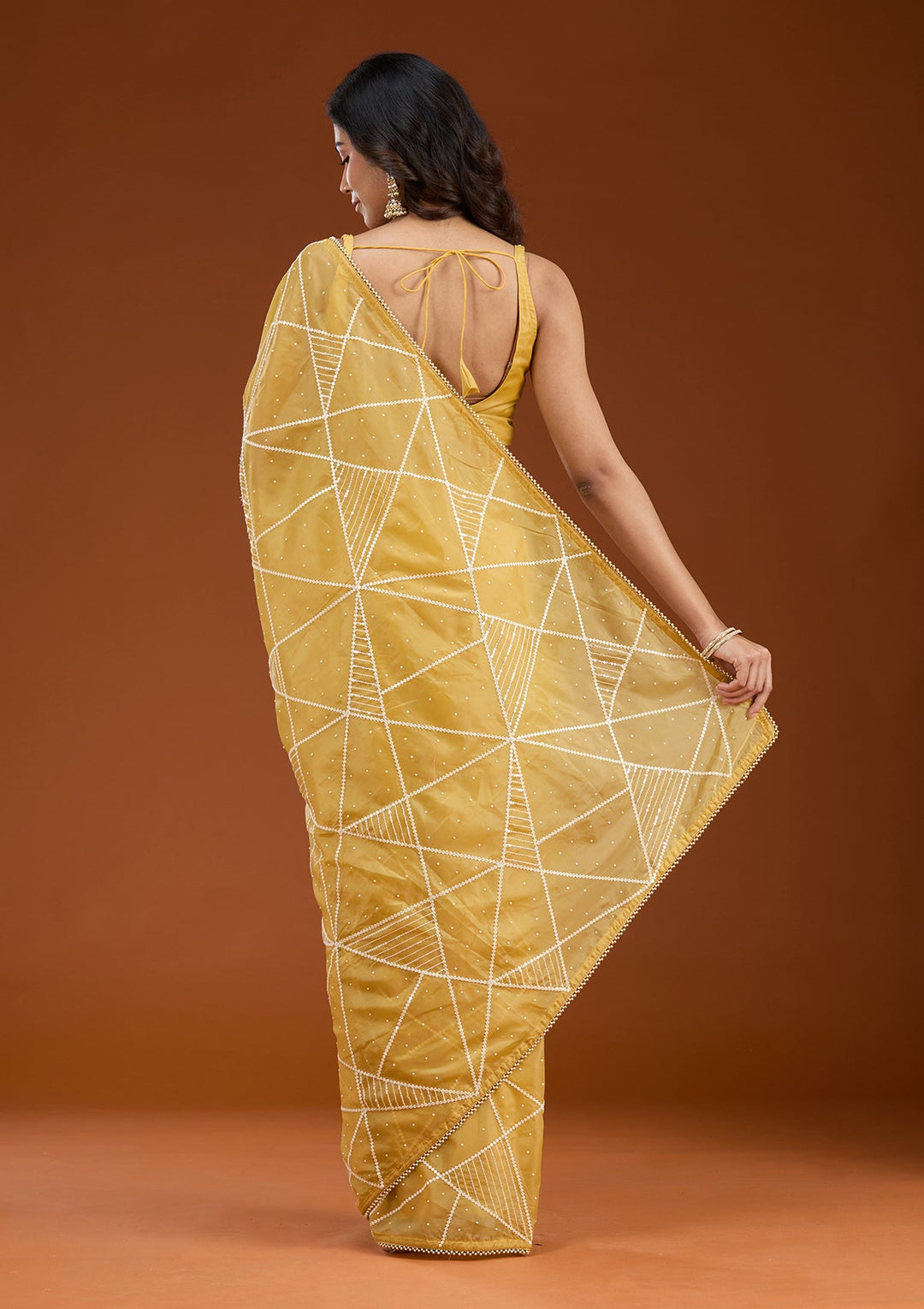 Yellow Pearlwork Tissue Saree_koskii