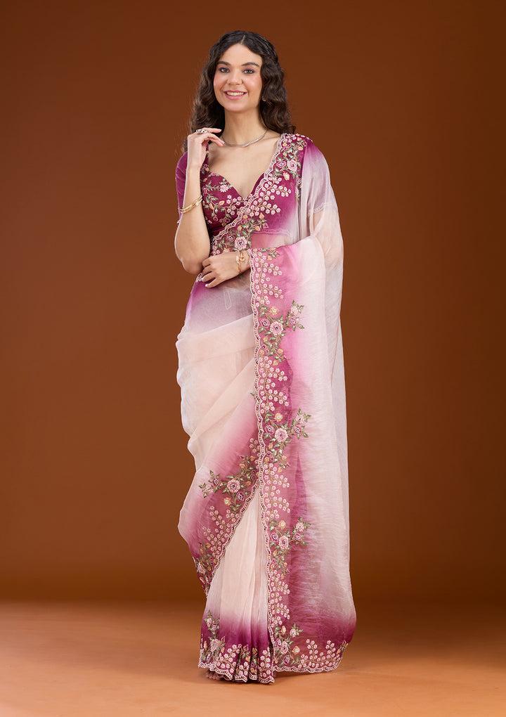 Cream Threadwork Tissue Saree